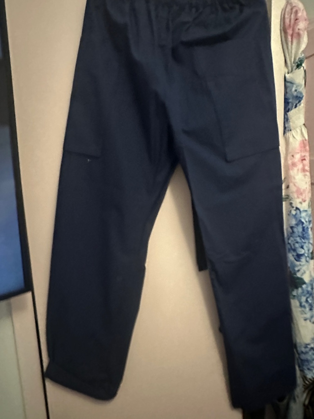 Navy Straight-Leg comfy pants with elasticized waste and utility pockets.